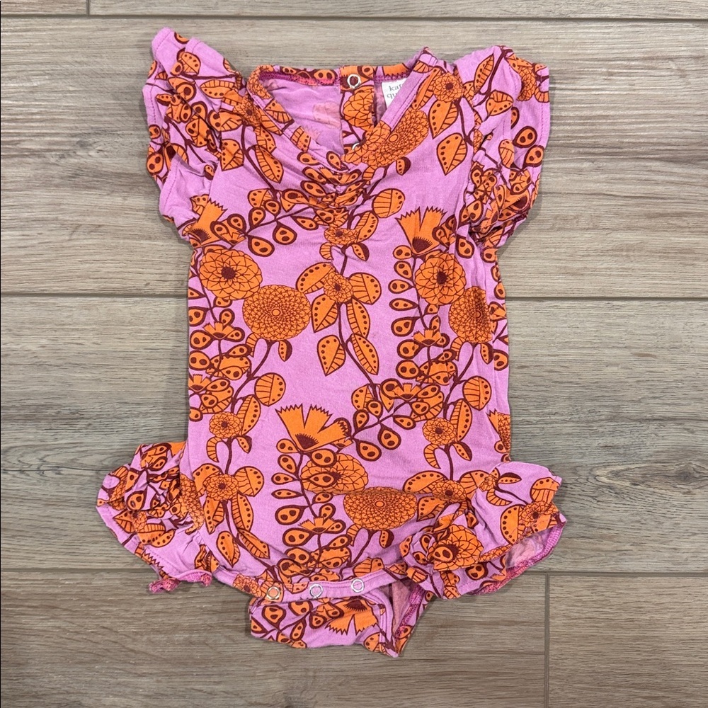 Kate Quinn sleeveless v-neck ruched ruffle leg orange tropical vine 6-12m